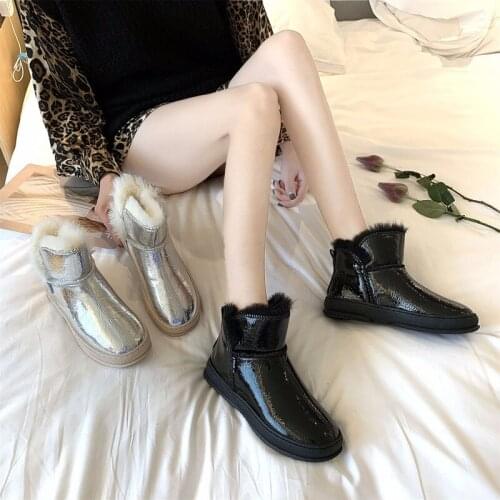 Mirror Cotton boots Plush snow boots Waterproof winter womens warm boots Fashion leather Flat thermal sleeve ankle boots W24-45