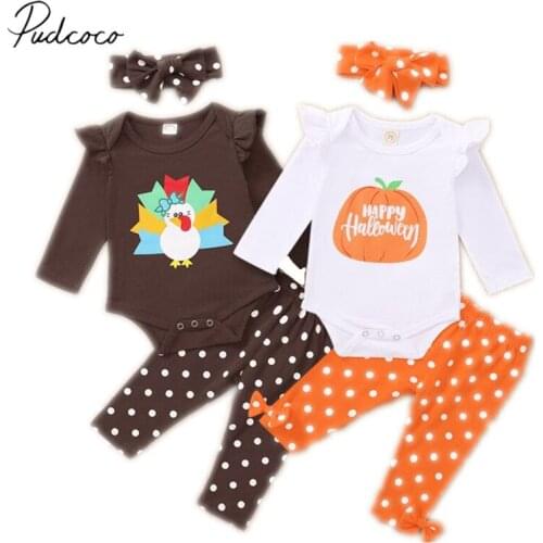 Newborn Baby Girls Boys Halloween Romper+ Trousers + Headband, Turkey/Pumpkin Pattern Polka Dot Printing Festive Clothing