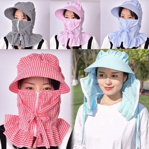 Women Sun Hat Multi Function Anti-UV Summer Hat Lady Striped Wide Brim Visor Cap Female Neck Protect Riding Hunting Hat