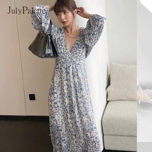 JulyPalette 2021 Autumn Blue Floral Women Sexy Deep V-neck Chiffon Long Dress Casual Lantern Sleeve Ladies Loose Party Vestidos