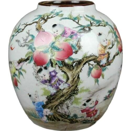 China Old porcelain Pastel Colorful glaze nine son climbing peach figure jar