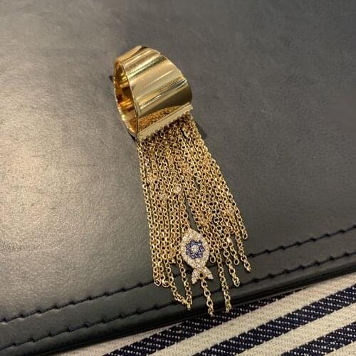 SLJELY Luxury Brand Real 925 Sterling Silver Yellow Gold Color Lucky Eye Fish Tassel Finger Ring Women CZ Fashion Party Jewelry