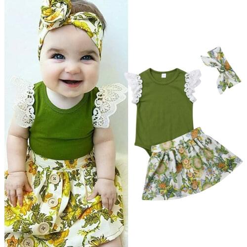 Toddler Kids Clothes Girl Lace Tops Romper + Dress+Headband Baby Clothes Outfits 3PCS Childrens Clothing Childrens Sets