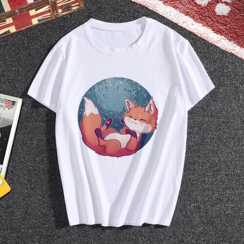 Cute fox printed T shirt Women hipster Kawaii T-shirt female Fashion Harajuku white 0-neck Tshirt Streetwear clothing tops Tee