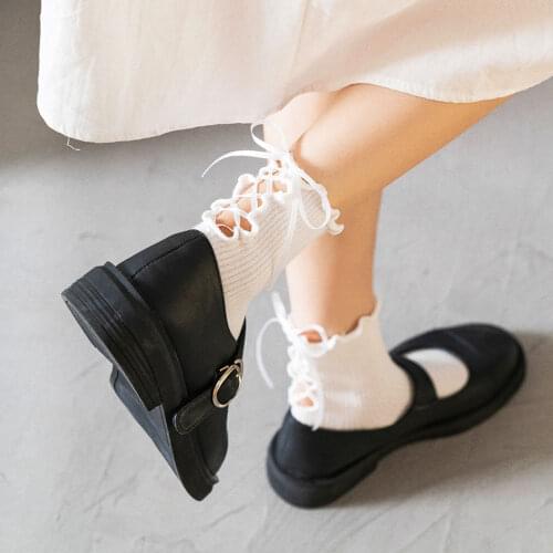 Sexy Bandage Short Socks Set Women Kawaii Lolita Ruffle Socks White Cute Cotton Bow Goth Chaussettes Black