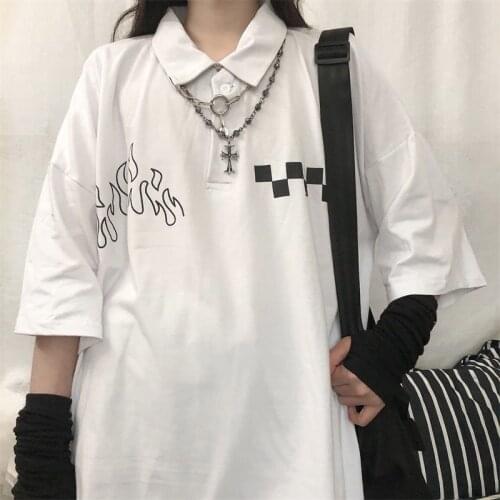 HOUZHOU Casual Harajuku Tops Plaid Print White T-shirt Women Streetwear Japanese Style Korean Fashion Print Summer Loose Tees