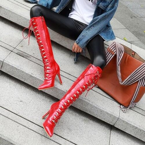 Ochanmeb Sexy Stiletto High Heels Boots Women Patent Leather Cross Tied Lace up Knee-high Boot Woman Winter Dress Shoes White 48