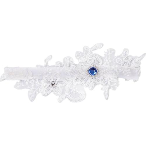Wedding Garter Blue Rhinestone White Embroidery Floral Sexy Garters for Women/Female/Bride, Thigh Ring Bridal Leg Garter