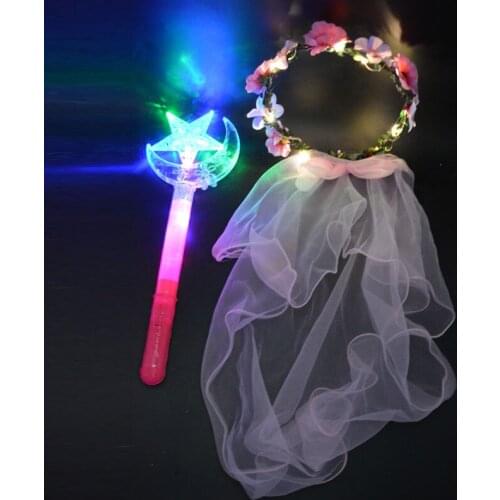 Girl Light Blinking Headband with Glow Magic Wands Stick Neon Party Glow Props Adult Kids LED Glow Party Favor Supply Christmas