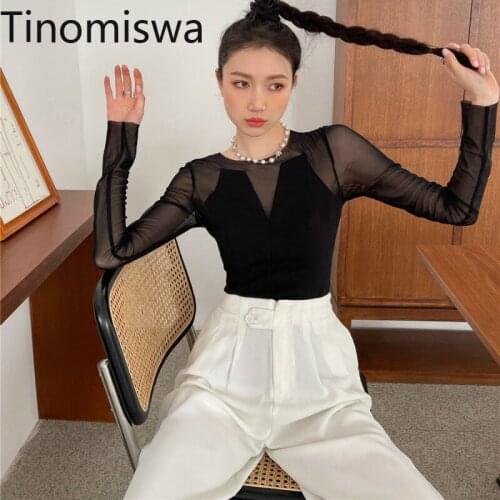 Tinomiswa Mesh Transparent Sexy T-Shirt Women Top 2021 Spring New Long Sleeve TShirts Elegant Office Female Tee Tops A1556