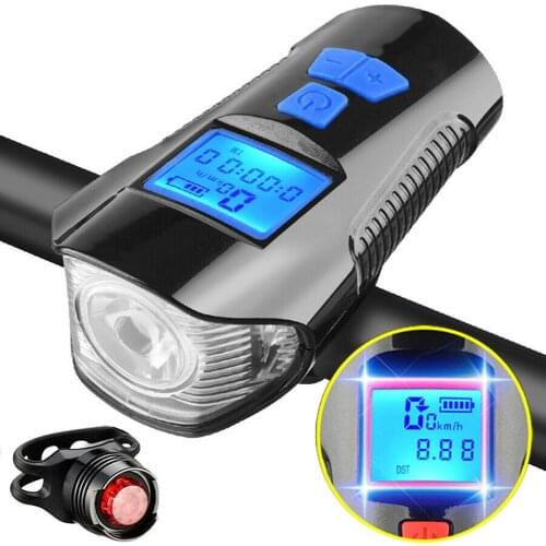 USB Rechargeable Bicycle Headlight Taillight Set With Horn Speedometer Odometer Bike Tail Light Fits All Mountain & Road Bike