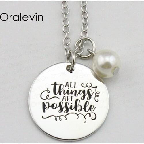 ALL THINGS ARE POSSIBLE Inspirational Hand Stamped Engraved Custom Pendant Female Necklace Charm Jewelry,10Pcs/Lot, #LN1763