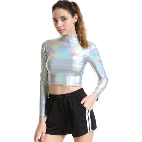 LJCUIYAO Women Shiny T Shirts High Street Girls Dance Short Costumes Clubwear Long Sleeve Crop Top Gold Silver Colorful Clothes