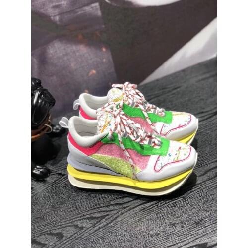 Women Multicolour Shoes Spring High Heels Unquine Design Autumn Thick Sole Genuine Leather Female Fahion Height Increase Sneaker