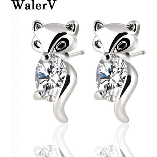 WalerV Cute Silver Dangling Pendants Earrings Female Fox Shape White Zircon Crystal Stud Earring For Women Girl Party Jewelry