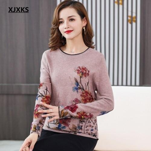XJXKS Round neck long sleeve women printed sweater 2021 autumn winter new high-end 100% wool knitted sweater women pullover