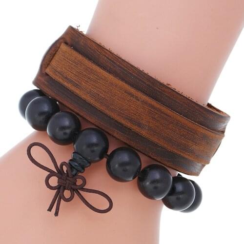 2Pcs/Set Mens Wooden Bead Bracelet Fashion Retro Cowhide Bracelet DIY Combination Set Bracelet