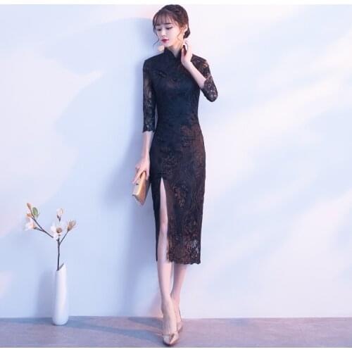 2018 Black Chinese Wedding Dress Female Long Short Sleeve Cheongsam Slim Chinese Traditional Dress Women Qipao for Wedding Party