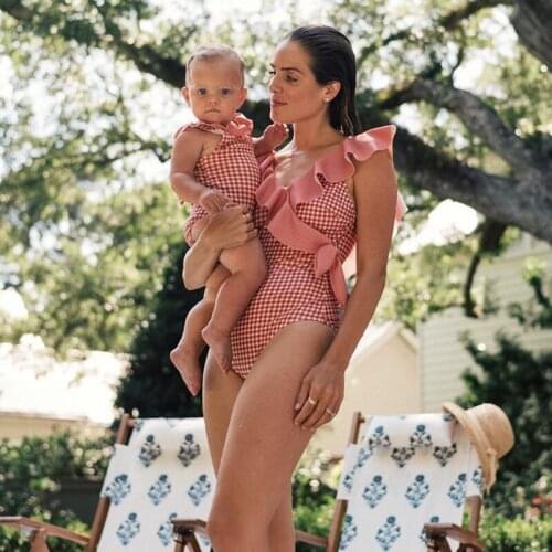 2021 Sexy One Piece Swimsuit Push Up Swimwear Women Ruffle Plaid Monokini Mother Daughter Bodysuit Bathing Suit Baby Swim Wear