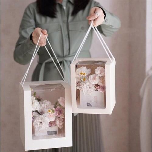 3pcs Square Flower Transparent Storage Boxes Paper Flower Packing Boxes Handy Bucket Holders Florist Gift Wedding Party Bag