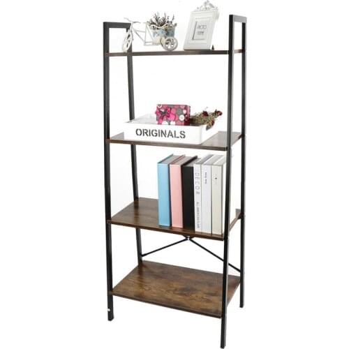4-Tier Industrial Vintage Bookshelf Wood And Metal Storage Rack Shelf Living Room Shelf Retro Brown Ornament Holder HWC