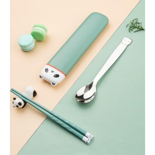 BalleenShiny Portable Cutlery Set Student Children Travel Cutlery Box Silicone Chopsticks Stainless Steel Spoon Two-piece Set