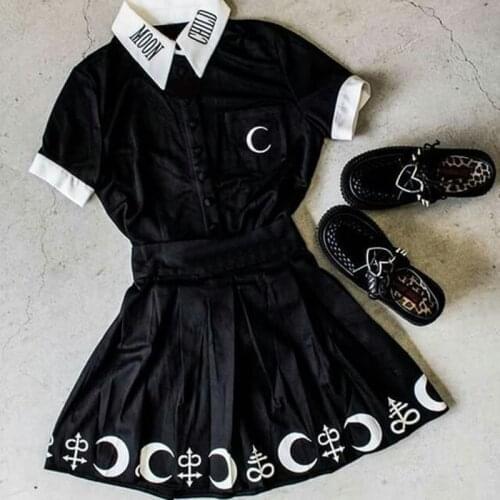 Gothic Blouse Black Moon Child Print Short Sleeve Loose Casual Female Shirts Plus Size S-5XL Darkness Summer Chic Goth Blouses