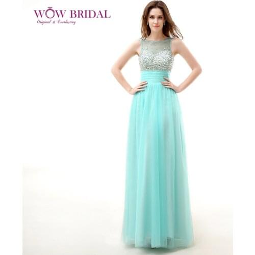 Wowbridal Graceful Mint Green Prom Dress 2021 O-Neck Crystal Sheer Sweetheart Zipper Open Back Chiffon Sash A-Line Ruched Dress