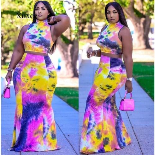 Tie Dye Two Piece Set Printed Summer Sexy Outfits Women Night Club Beach Wear Crop Top Long Skirts Suit Ladies Slim Clothing