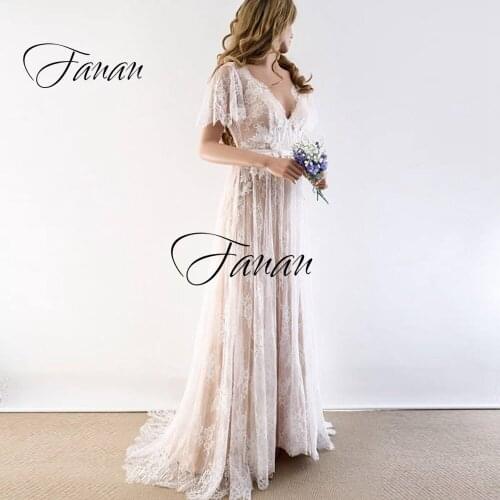 New Lace Ruffles V-Neck Wedding Dress Backless A-Line Floor Length Sweep Train Bridal Gown robe de soirée de mariage платье
