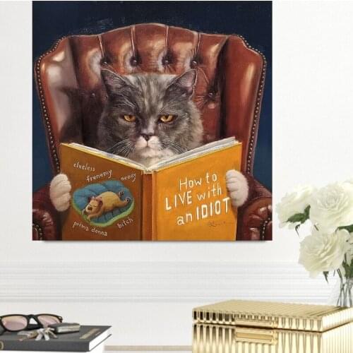 Cartoon Cat is Reading Posters and Prints Wall Art Funny Canvas Painting Nursery Art Wall Pictures Kids Room Decor