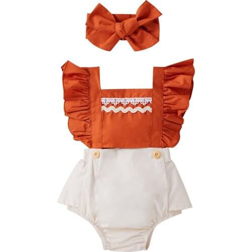0-18M Cute Patchwork Newborn Romper Toddler Baby Boy Girl Fly Sleeve Jumpsuit Headband 2pc Outfit Summer Sunsuit Clothes