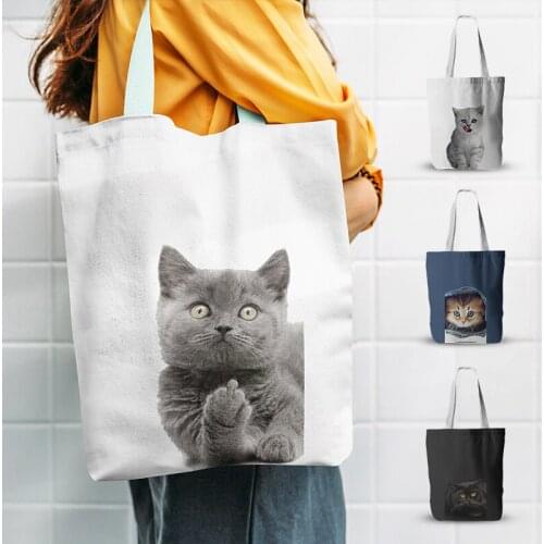New Style Women Canvas Bag Funny Cute Cartoon Kitten Animal Print Foldable Tote Shoulder Cloth Shopping Bag Reusable Eco Handbag