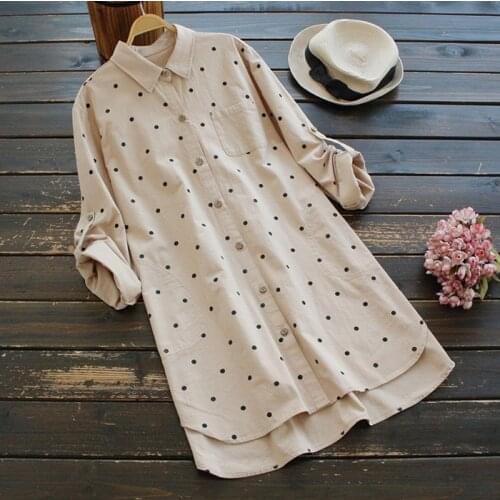 2020 New autumn female middle long shirt cotton linen blouses big size Dot tops Womens Wear Literary Style