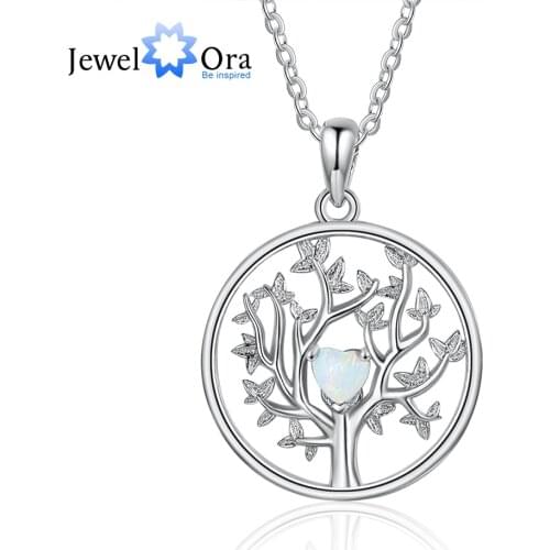 JewelOra Classic Silver Color Simulated White Heart Opal Tree of Life Round Pendant Necklace Wholesale Women Jewelry Accessories