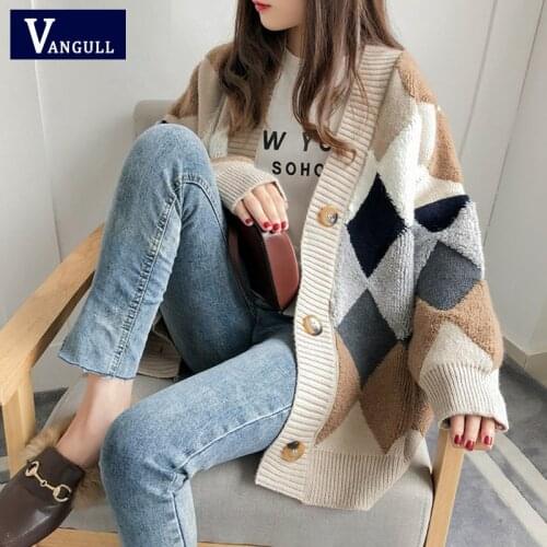 Vangull Women Sweaters Winter 2021 Fashionable Casual Plaid V-Neck Cardigans Single Breasted Long Sleeve Loose Sweater