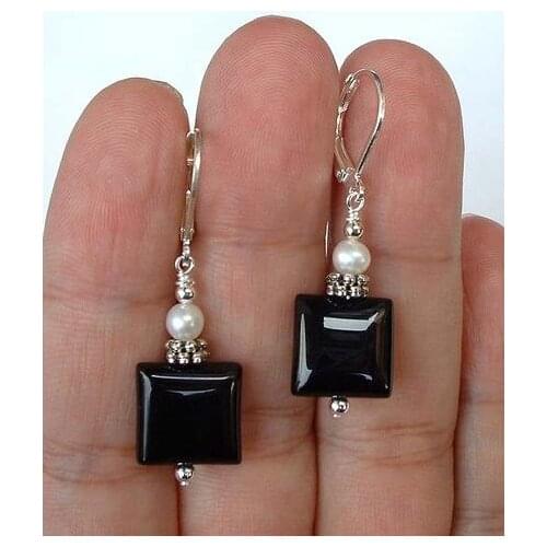 New Favorite Pearl Jewelry Black Onyx With Withe Freshwater Pearl S925 Sterling Silver Hookd Lever back Dangle Earrings