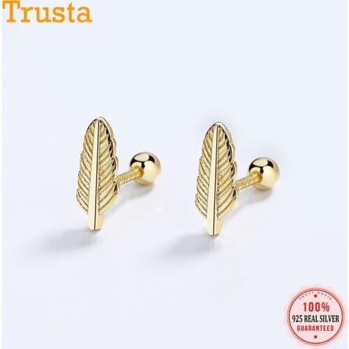 TrustDavis Real 925 Sterling Silver Fashion Feather Leaves Screw Earring For Women Wedding Anniversary Fine Jewelry Gift DA2307