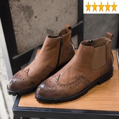 High Chelsea Quality Classic Men 2021 Vintage Zipper Brogue Ankle British Style Winter Brown Black Biker Boots