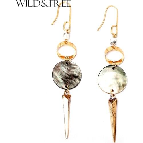 WILD & FREE Women Vintage Handmade Round Shell Pendant Dangle Earrings Zinc Alloy Gold Hook Dangle Earrings Jewelry Gifts