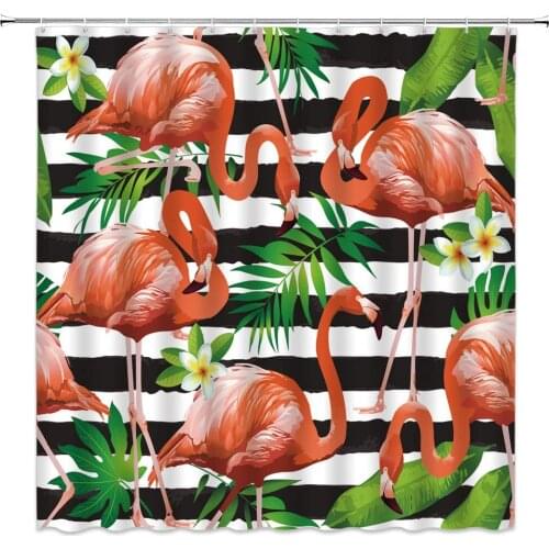 Flamingo Shower Curtains Black and White Stripes Watercolor Floral Plant Green Leaf Bathroom Decor Cloth Hanging Curtain Set