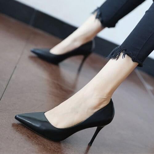 5/7/9cm Heel Woman Black Shoes for Women Pumps Leather Dress Women Elegant Popular Fashion Wedding Shoes Zapatos Mujer Retro