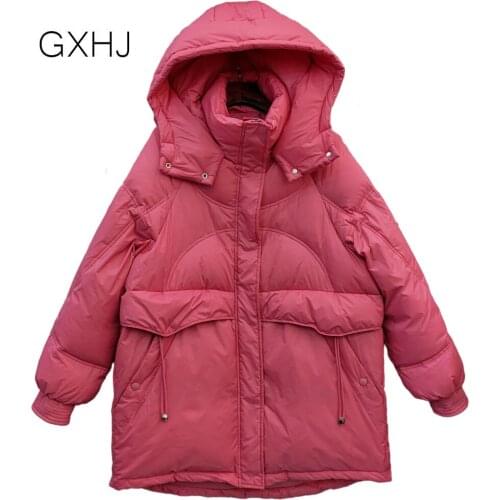GXHJ women Down jacket Korean style hooded loose thick white duck down jacket fashion Winter Coat Parkas Female 90% White Duck