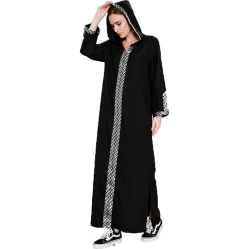 BianFeng Ramadan Kaftan Womens Muslim Black Fashion Side Split Elegant Hooded Dress Islamic Stitching Fashion Long Sleeve Robe