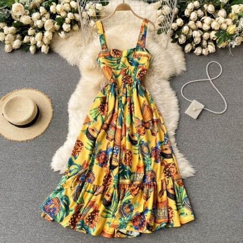 2021 Summer Holiday Dress Boho Style Floral Print Spaghetti Strap Sleeveless Long Dress Vintage Women Ruffles Beach Maxi Dress