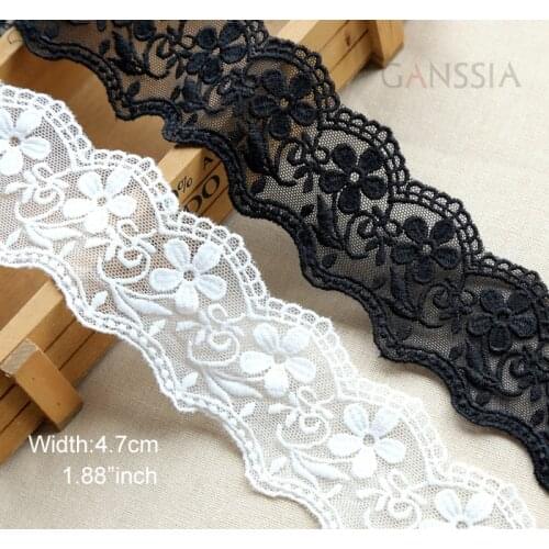 1yard Width:4.7cm Flower Embroidered Lace Trim Ivory White & Black For Wedding Skirt Intimate DIY Handmade Accessories(SS-2367)