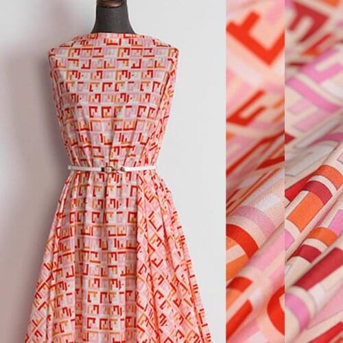 135CM 18MM Geometry Print Orange Purple Silk Crepe De Chine Fabric for Summer Dress Blouse Skirt Shirt Pants DE1429