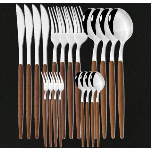 20Pcs Stainless Steel Tableware Cutlery Set Glossy Wood Silver Dinnerware Set Western Food Knife Dessert Fork Teaspoon Flatware