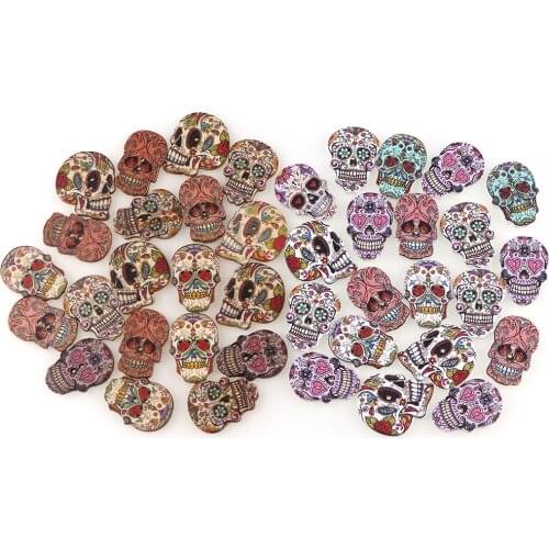 50PCS 2 Holes Natural Color Skeleton Skull Wooden Buttons Fit Sewing and Scrapbooking Sewing Buttons For Craft DIY Mixed Color