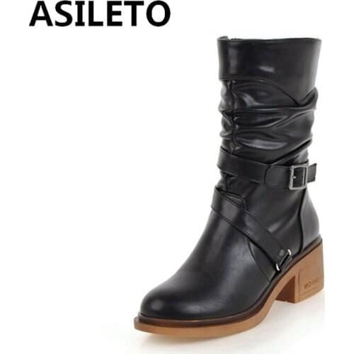 ASILETO 2021 Lady Slouch Mid Calf Boots Zip Belt Buckle Pleated Short Plush Round Toe 5.5CM Chunky Heel US12 Grey Yellow A4407